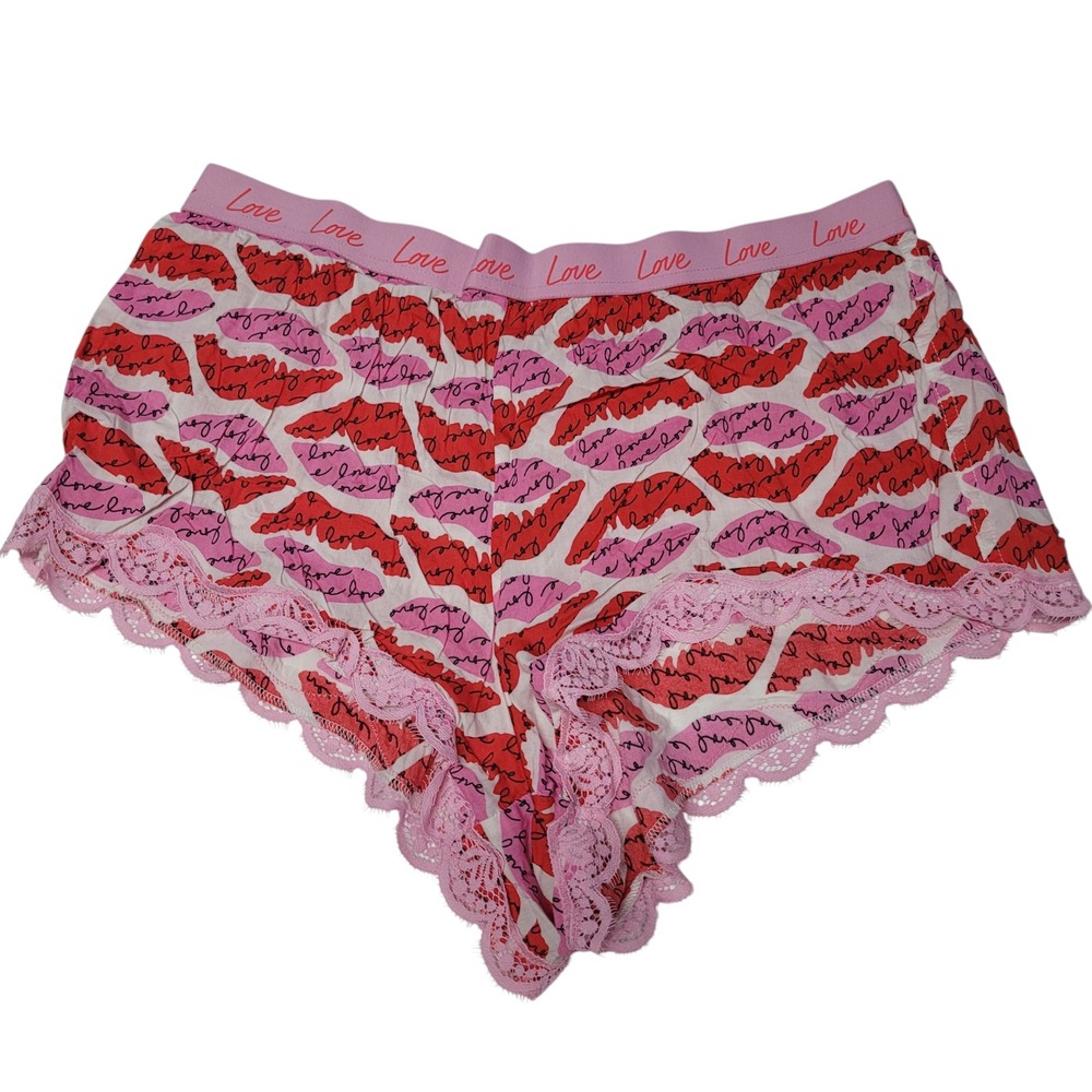 Victorias Secret Pink Lace Trim Pajamaโ Shorts Kiss Print Lounge Sleepwear M
